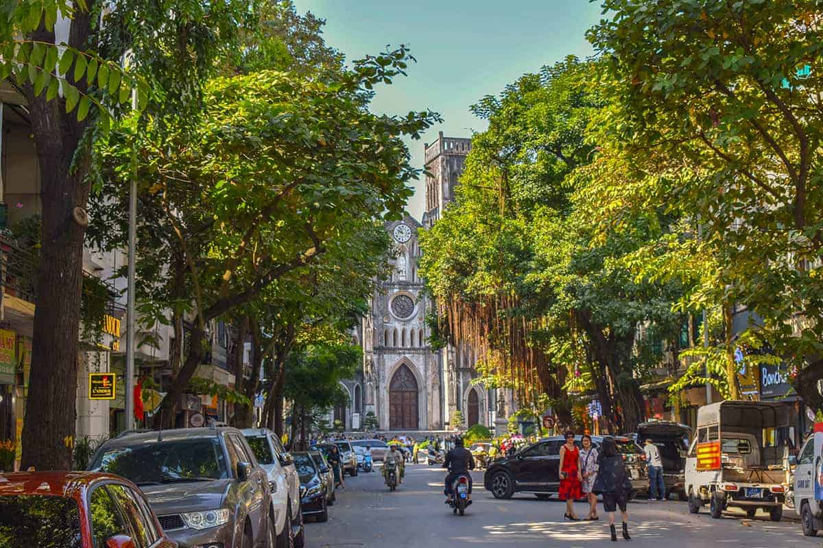 looking down the street to st josephs cathedral in hanoi