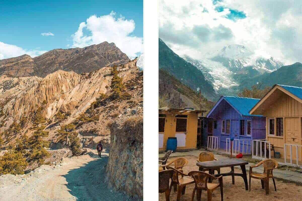 manang colorful teahouses with snowy mountains in the background