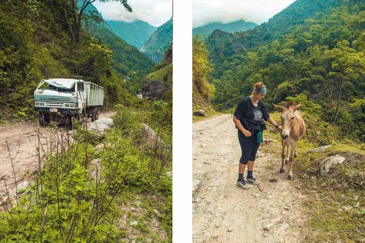 smashed up truck and donkey on the annapurna circuit trail