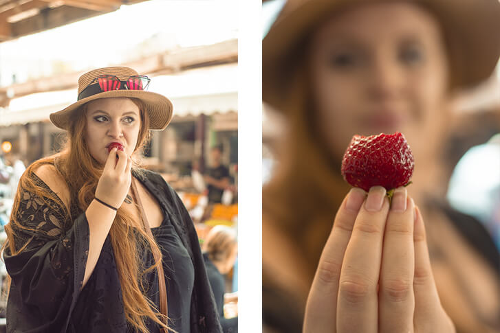 eating strawberries in a market in athens