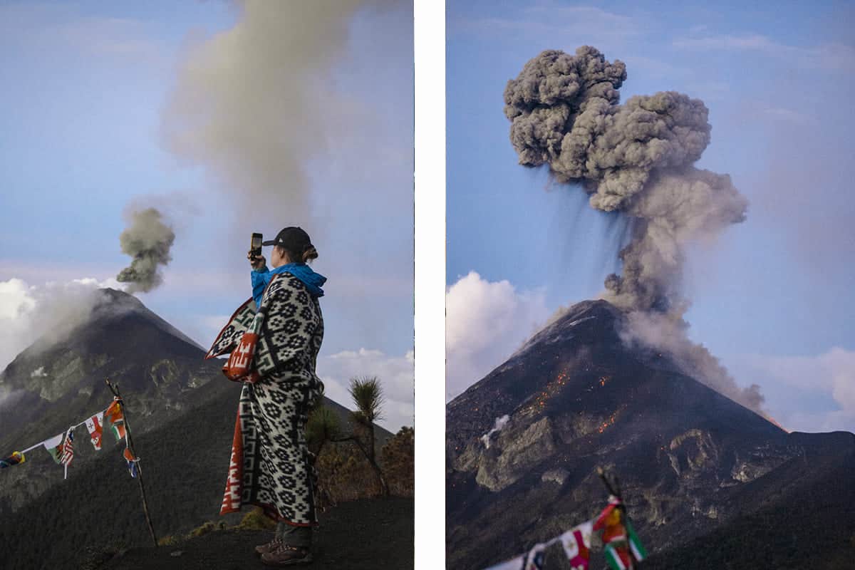 watching the volcanoic eruptions of fuego volcano in the morning on the acatenango volcano hike