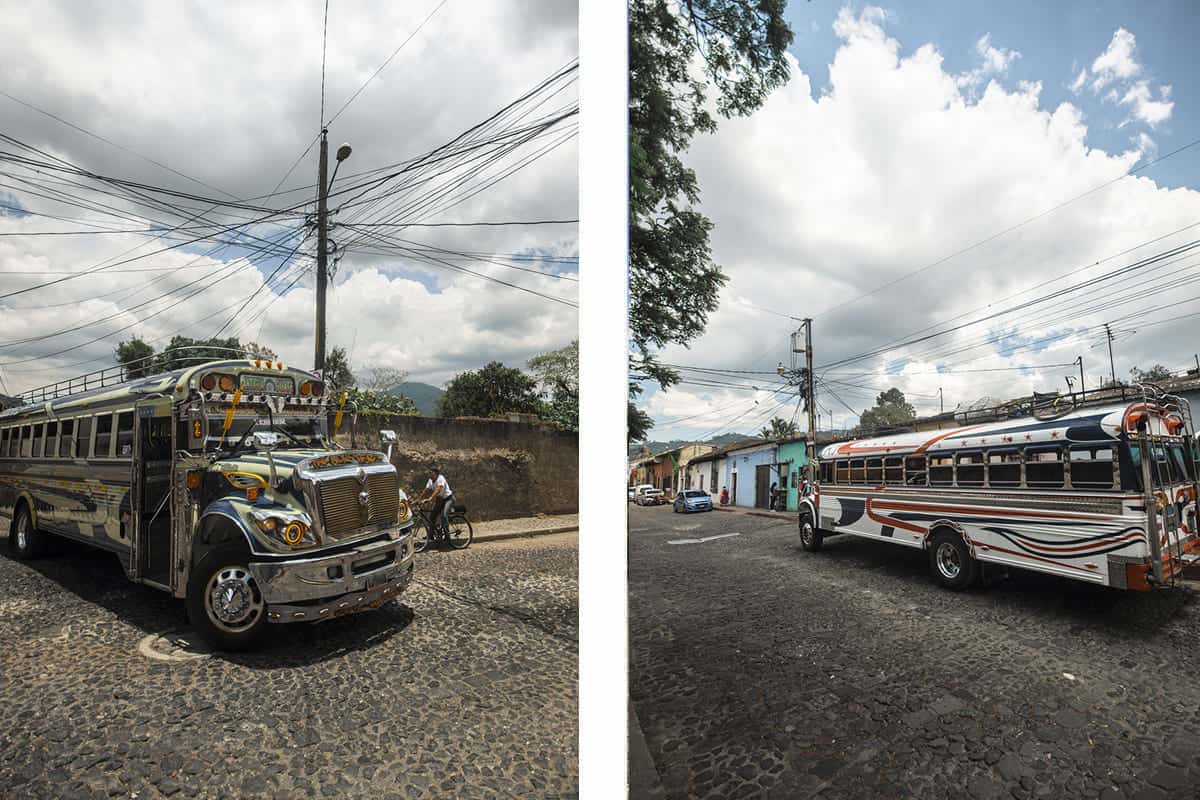 the colorful chicken buses driving along the cobblestone streets of antigua