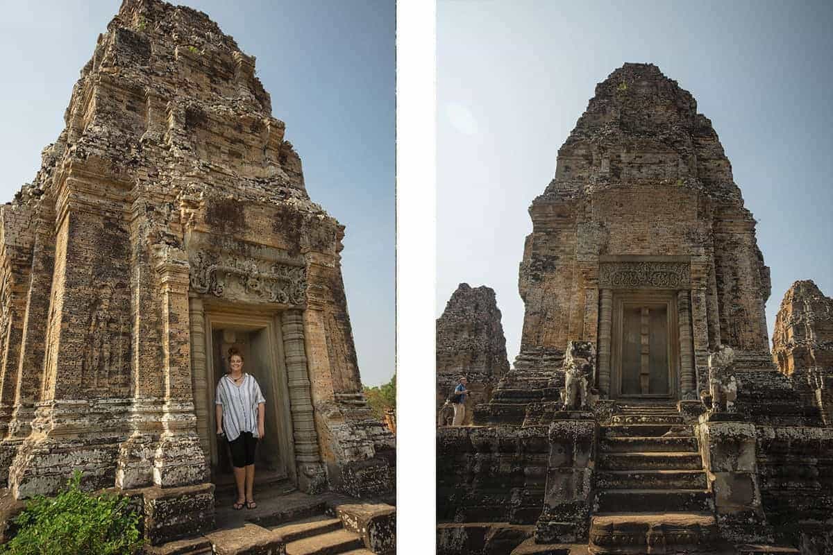 checking out the impressive carvings on one of the temples- a must when backpacking cambodia