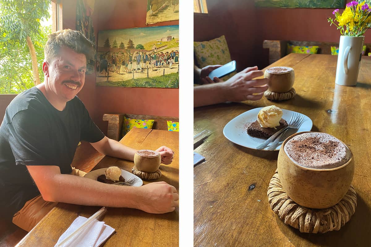 having a cheeky brownie and cold chocolate after a hot day at the tea and chocolate place