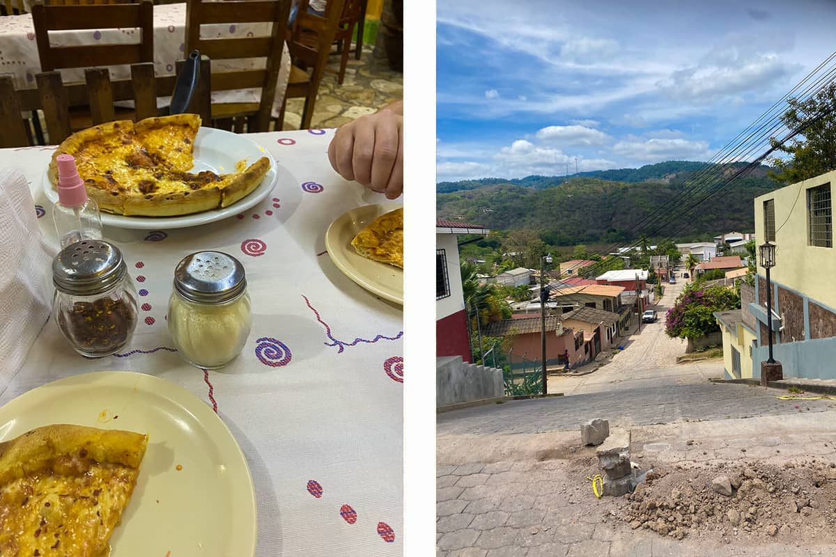 a delicious pizza from jims pizza // one of the very steep streets leading up to the city center of copan ruinas
