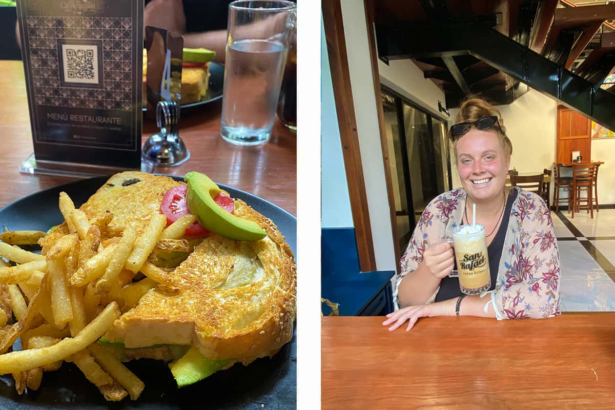 a delicious avocado and cheese toastie and an iced chai latte from my favorite cafe in copan ruinas san rafael, though its not the best for keeping your backpacking copan ruinas budget low