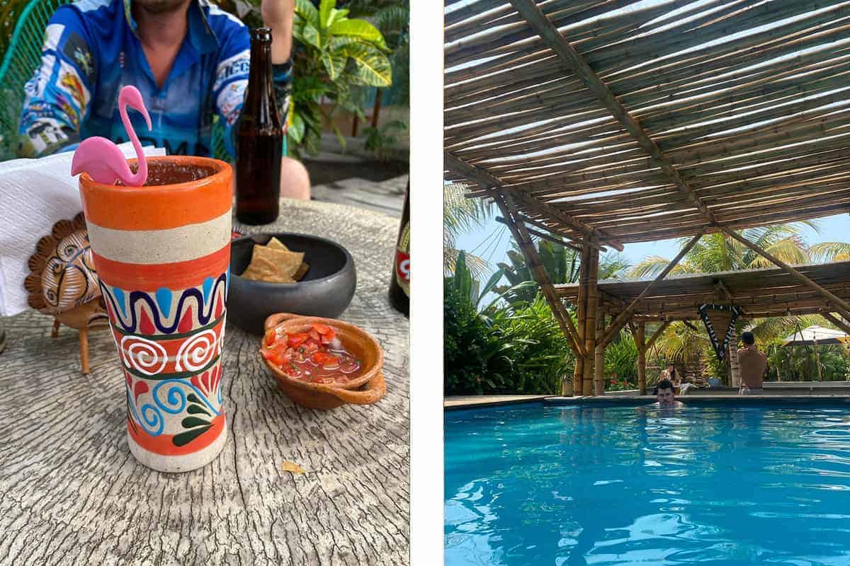 enjoying a delicious cocktail at zicatela restaurant // chilling in the pool at mellow hostel