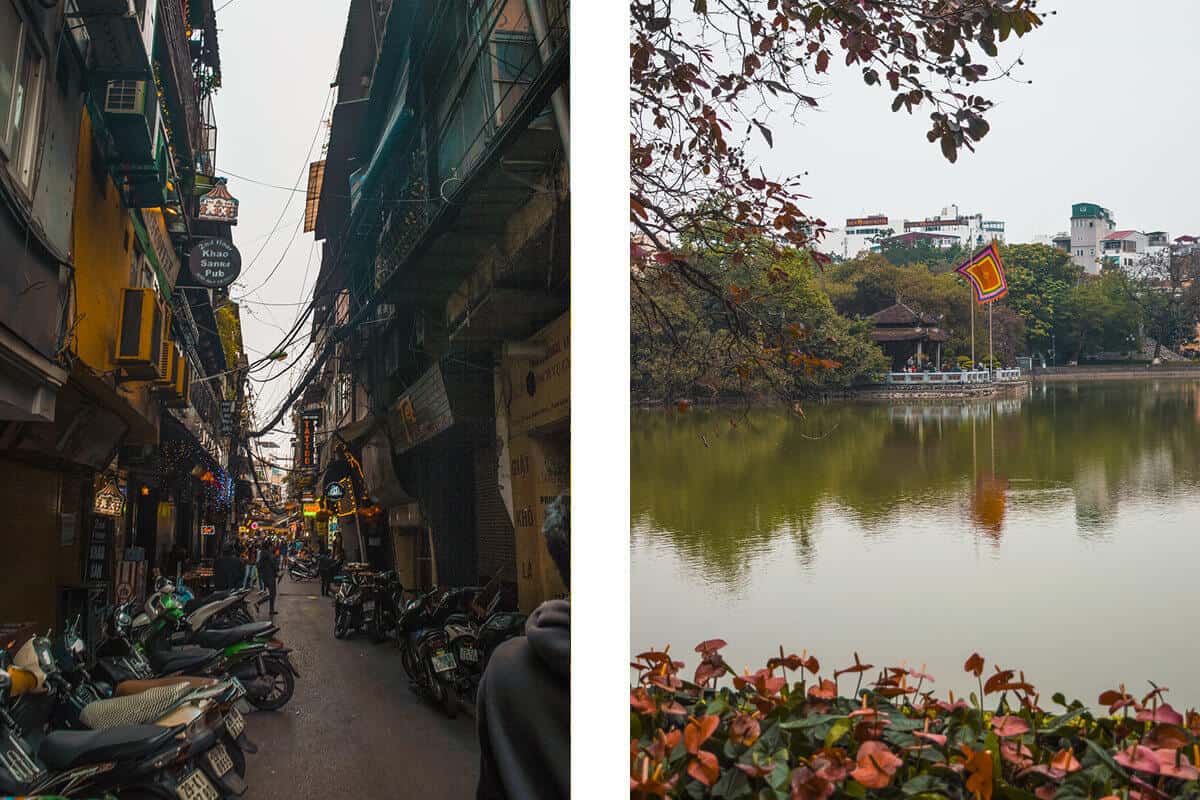 small motorbike filled alley ways while backpacking hanoi and exploring ho hoan kiem lake