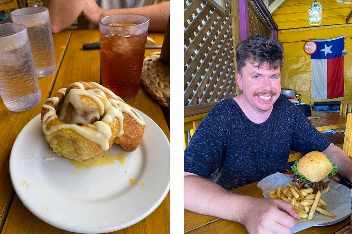 eating a delicious cinnamon roll and burger in roatan