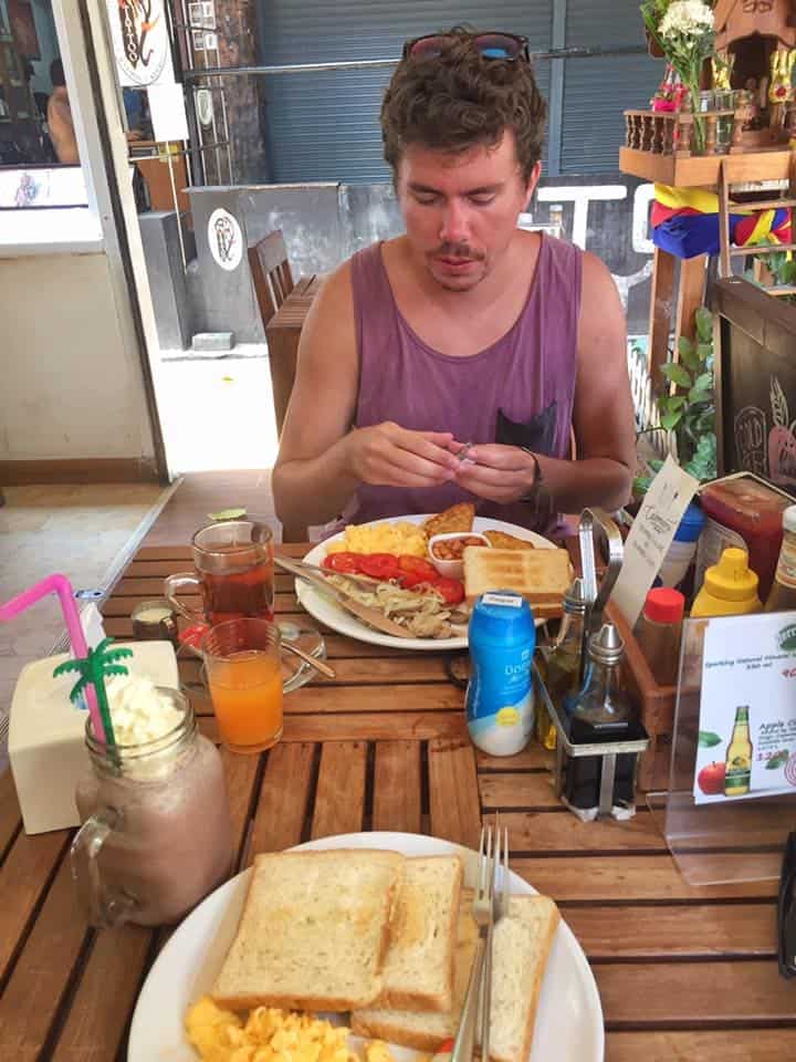 having a full english breakfast at a cafe in koh phi phi
