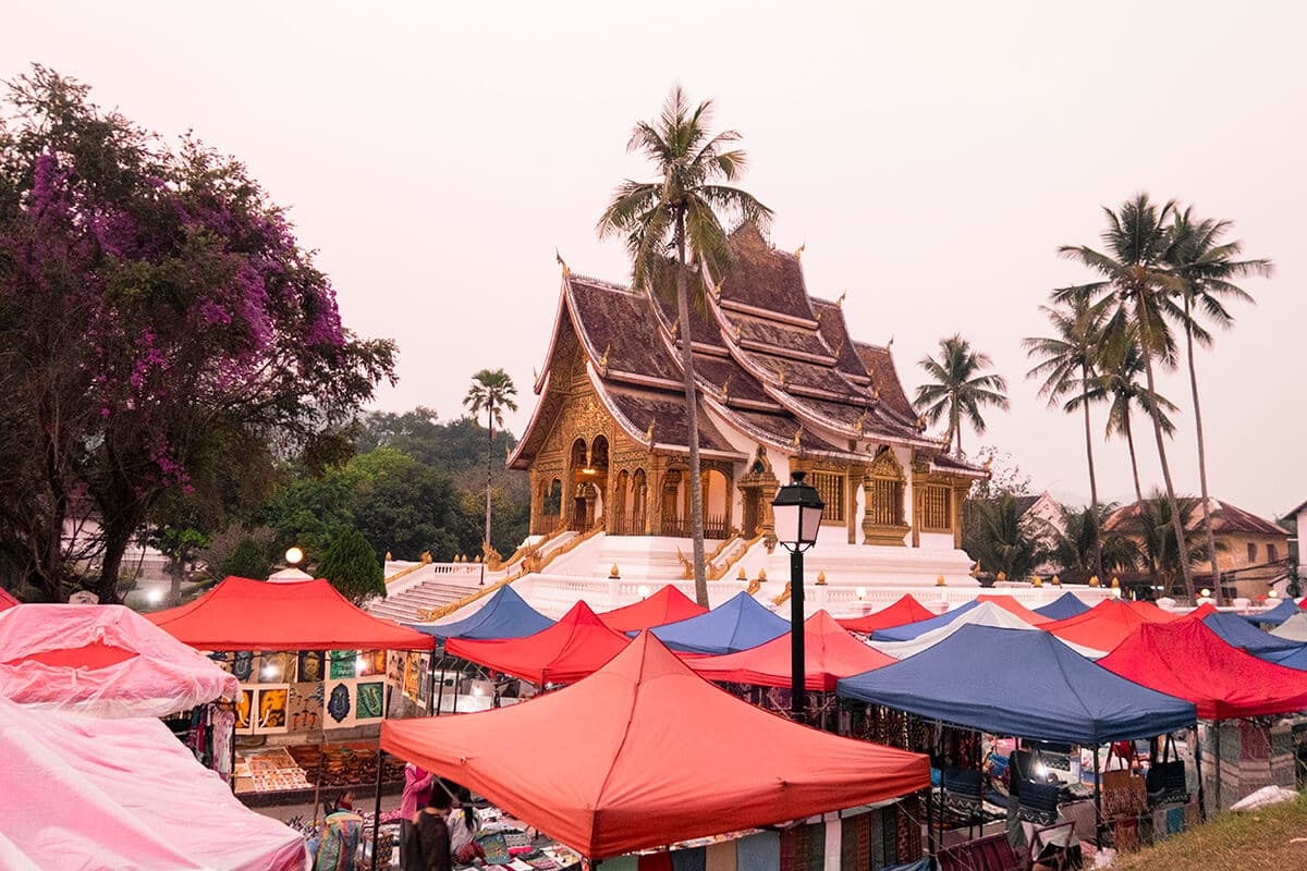 view over the luang prabang night market during sunset