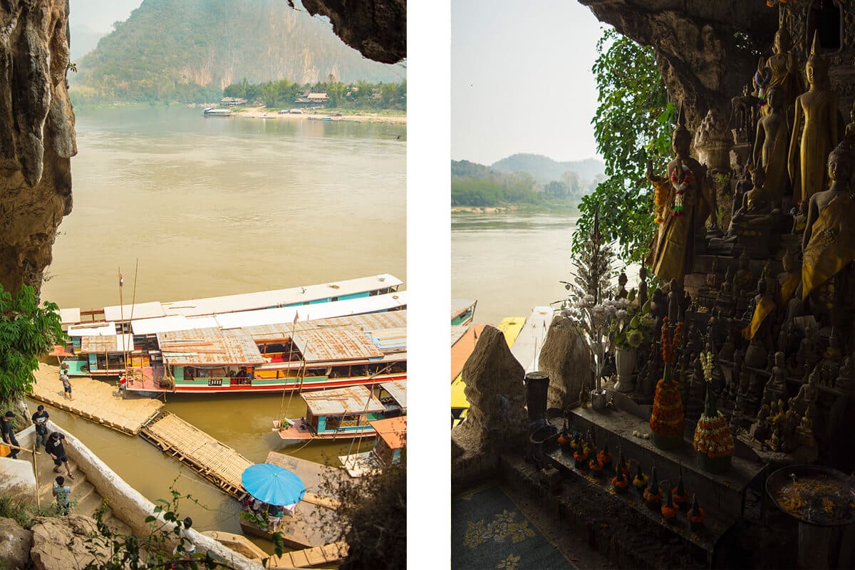 view of the slow boats waiting at pak ou caves