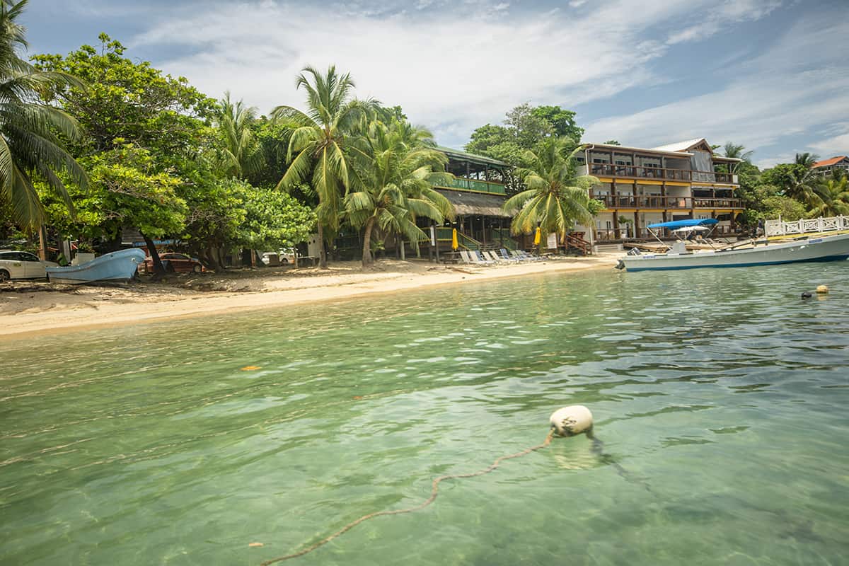 Backpacking Roatan & BEST Hostels In Roatan (2025) 11 looking back at the shoreline in half moon bay in roatan