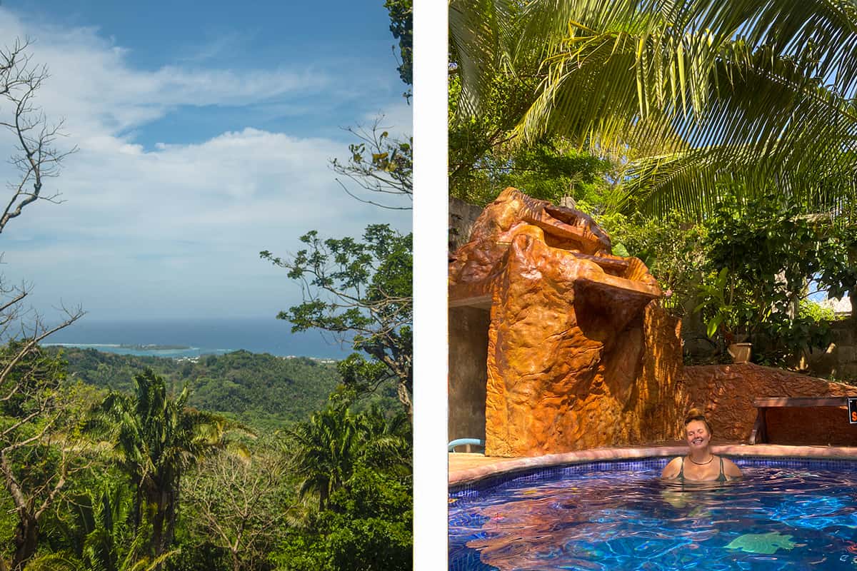 an incredible view to the ocean from the center of the island // enjoying the pool at the only actual hostel in roatan, roatan backpackers