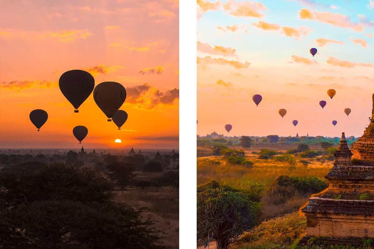hot air balloons in front of the sunrise in bagan
