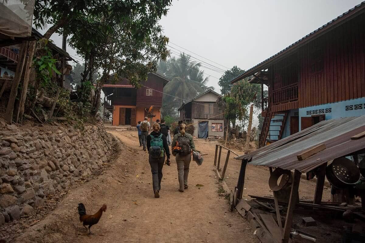 walking through small laos village in fog with stray asia