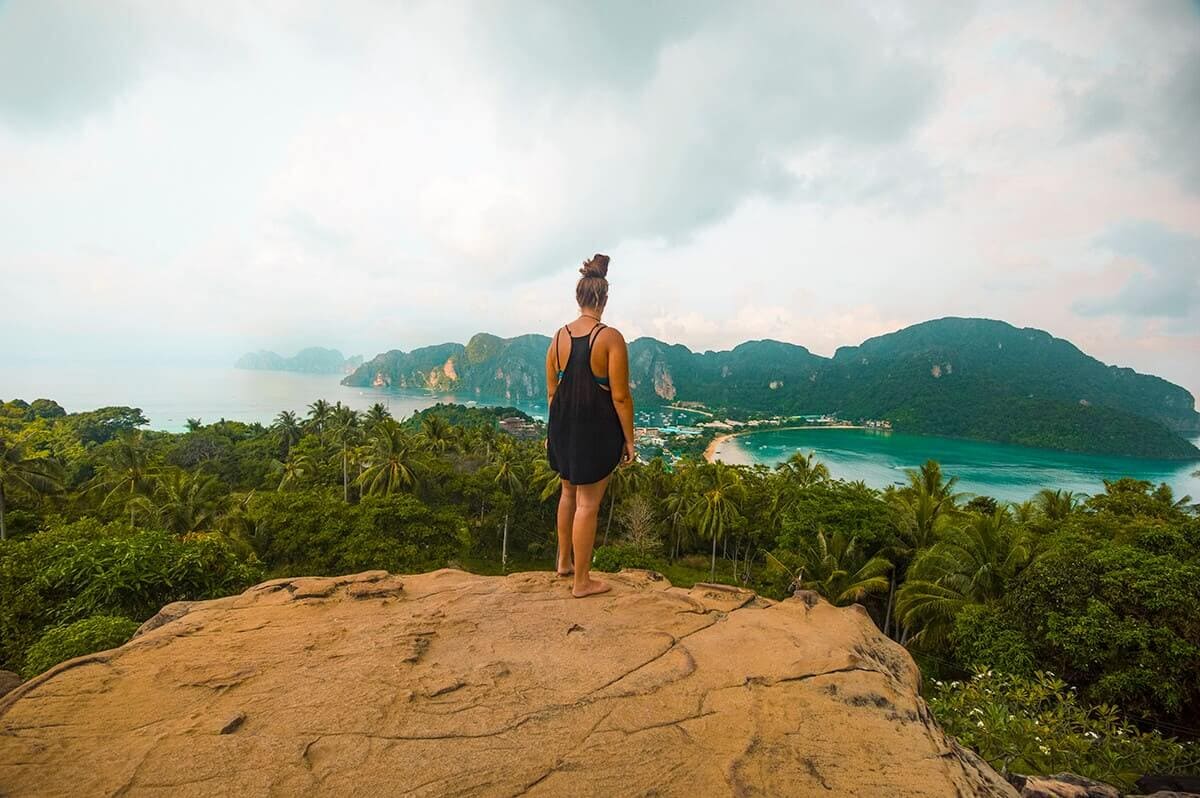 looking over koh phi phi in thailand from viewpoint group tour vs solo travel