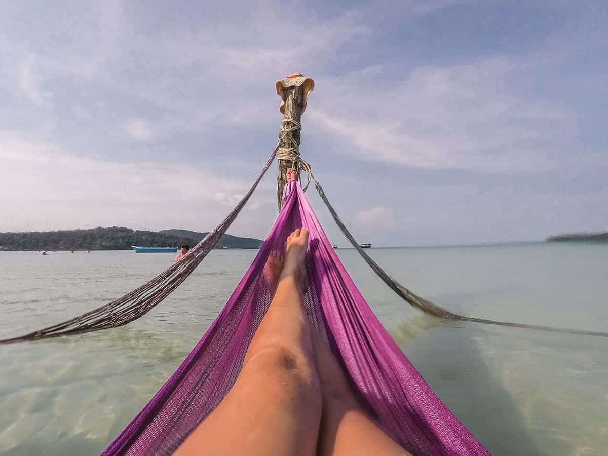 enjoying the hammocks in the ocean on koh rong samloem