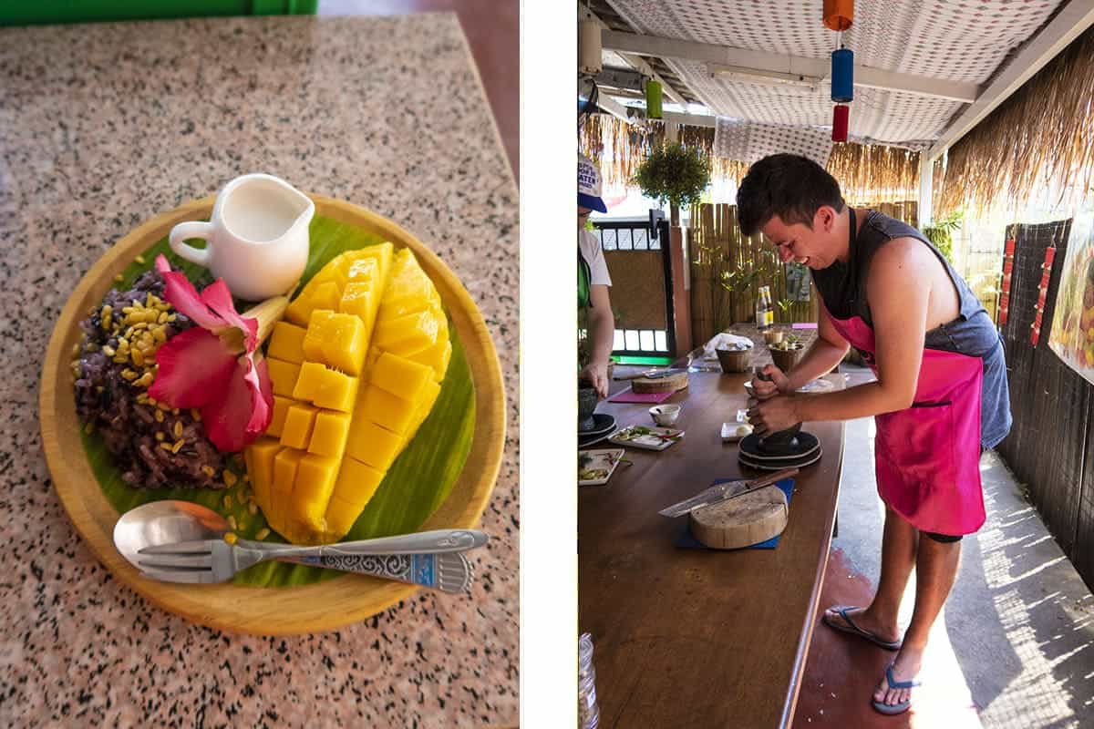 mango sticky rice and boy making a curry paste during a cooking class in chiang mai