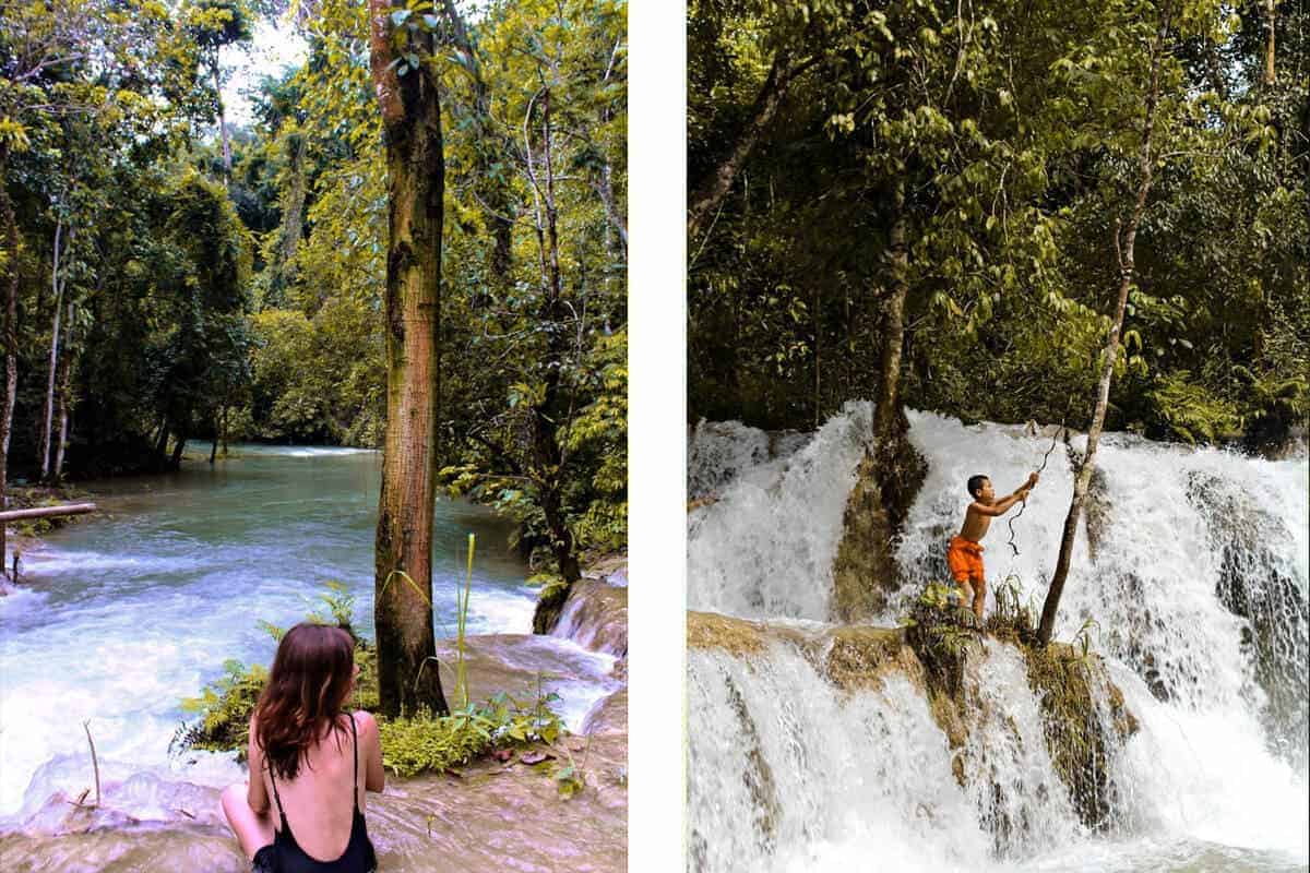 tad sae waterfall jumping into water at luang prabang