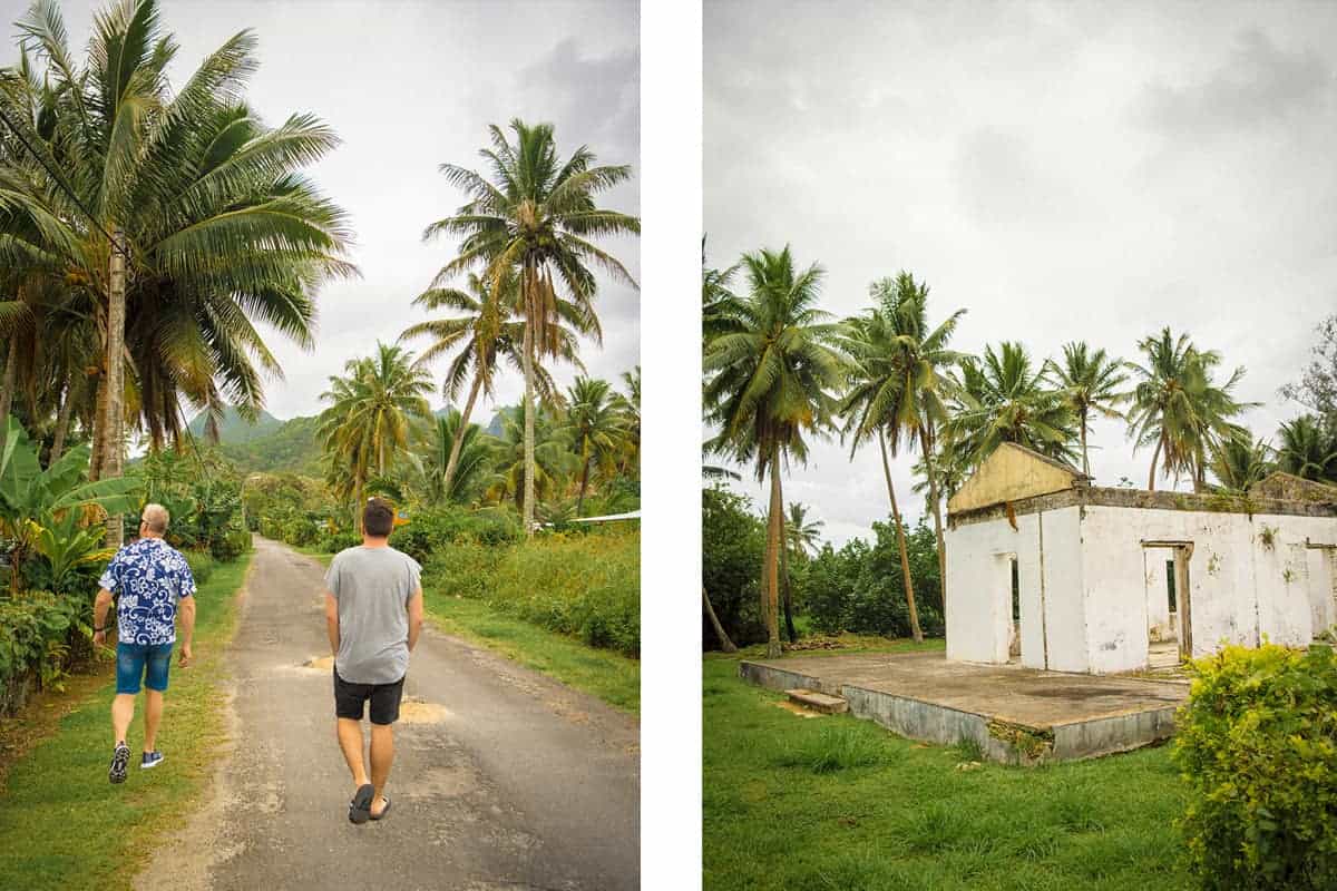 How To Take The Bus: Raro Bus Schedule, Fares & More 4 two men walking in rarotonga along palm trees