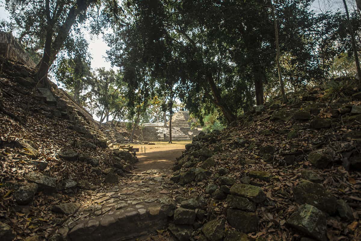 walking through the pathway to the copan mayan ruins