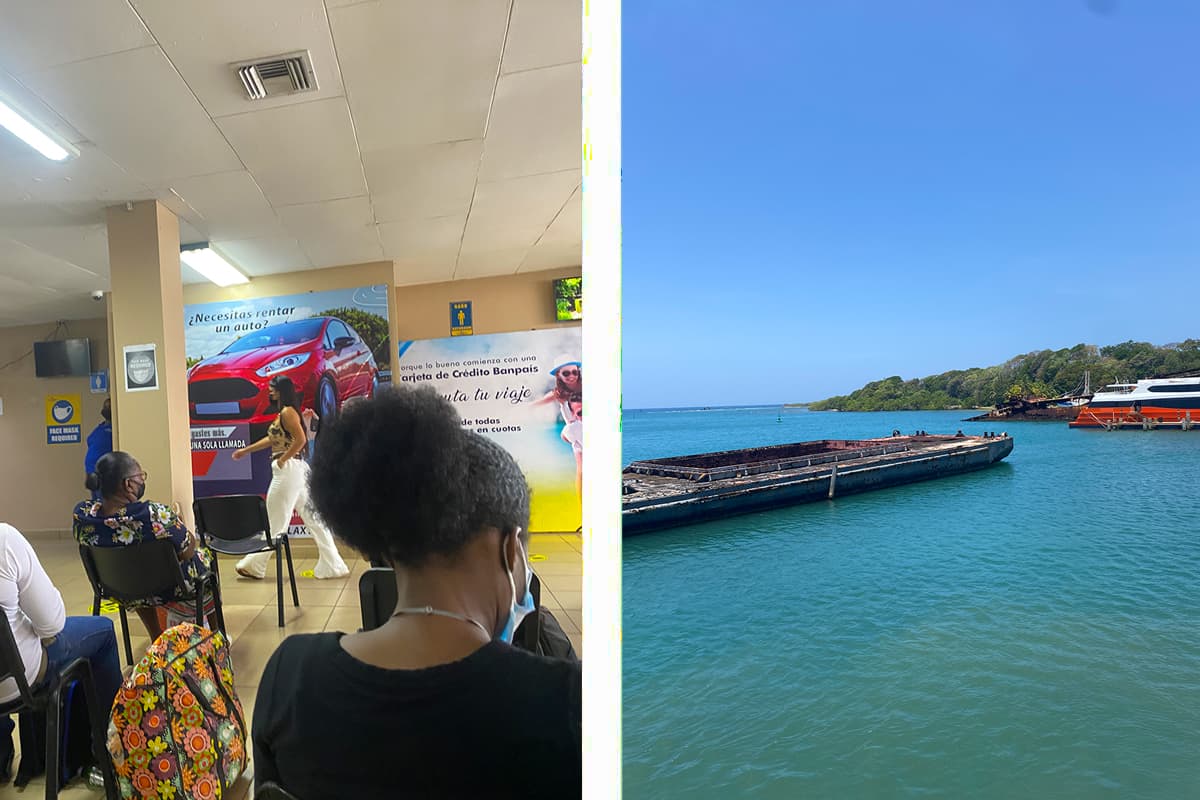 waiting at the ferry terminal in la ceiba // view arriving on the ferry in roatan