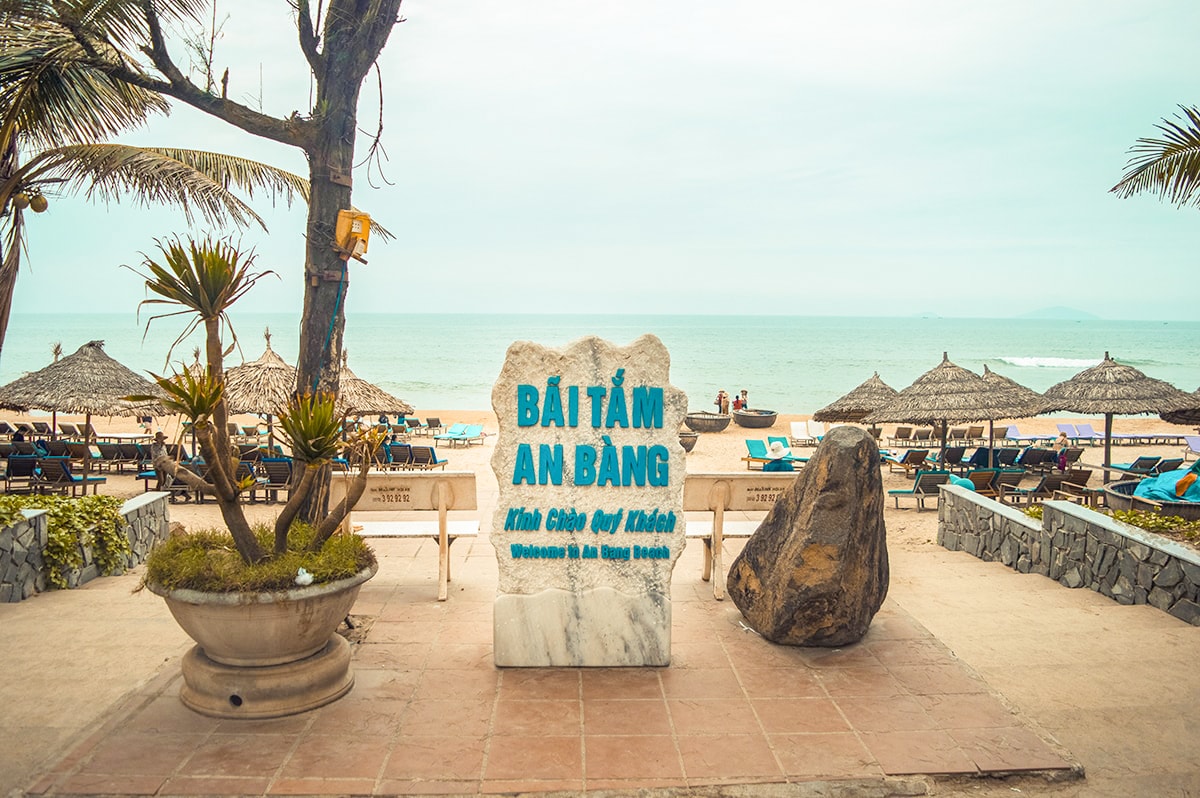 welcome sign at a beach in hoi an vietnam