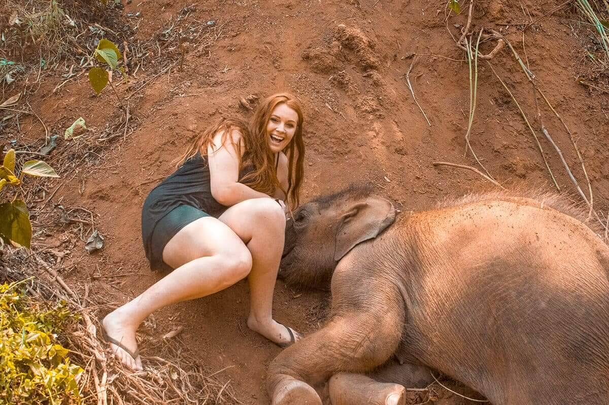 rolling in the dirt with a baby elephant