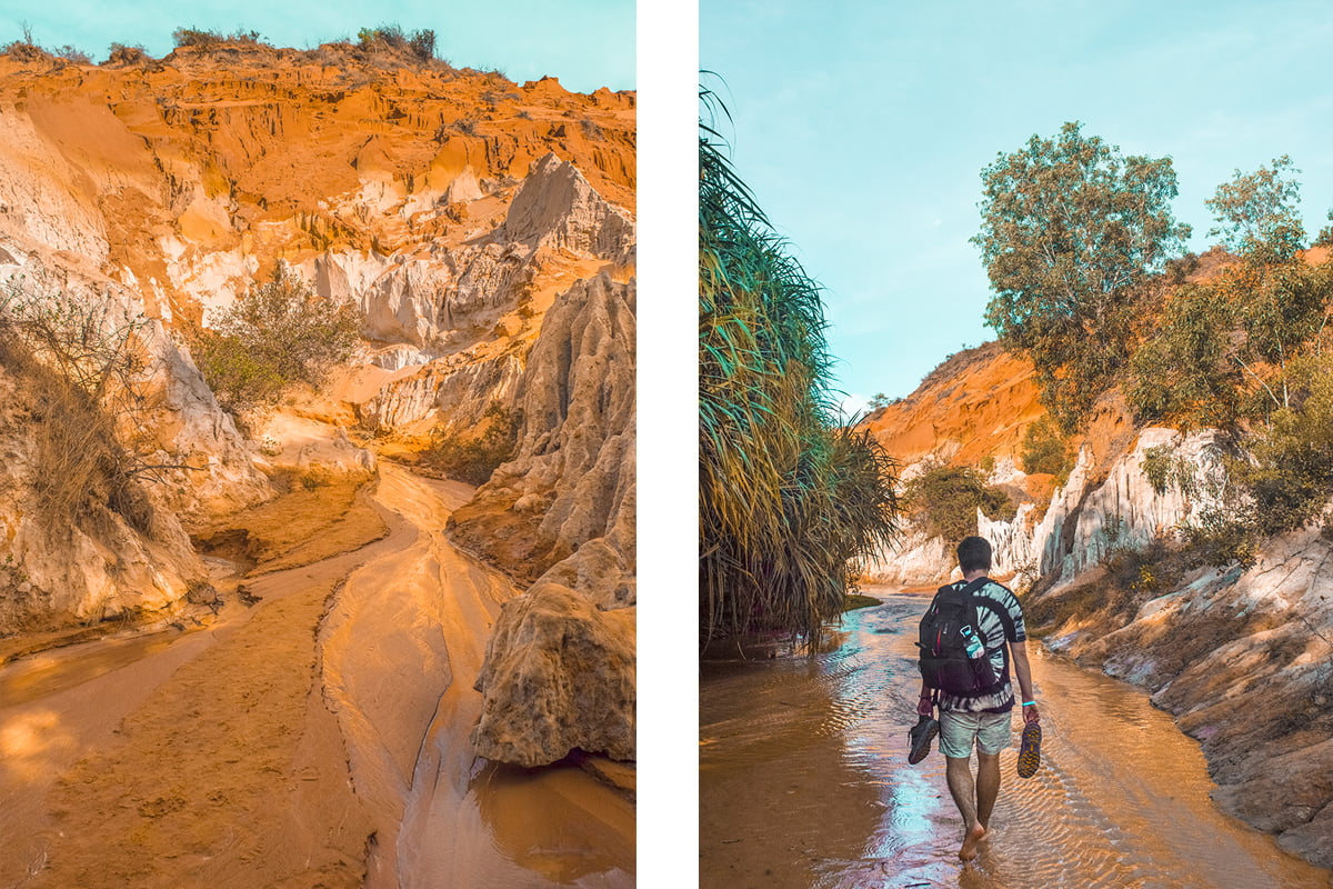 guy walking along fairy stream in mui ne