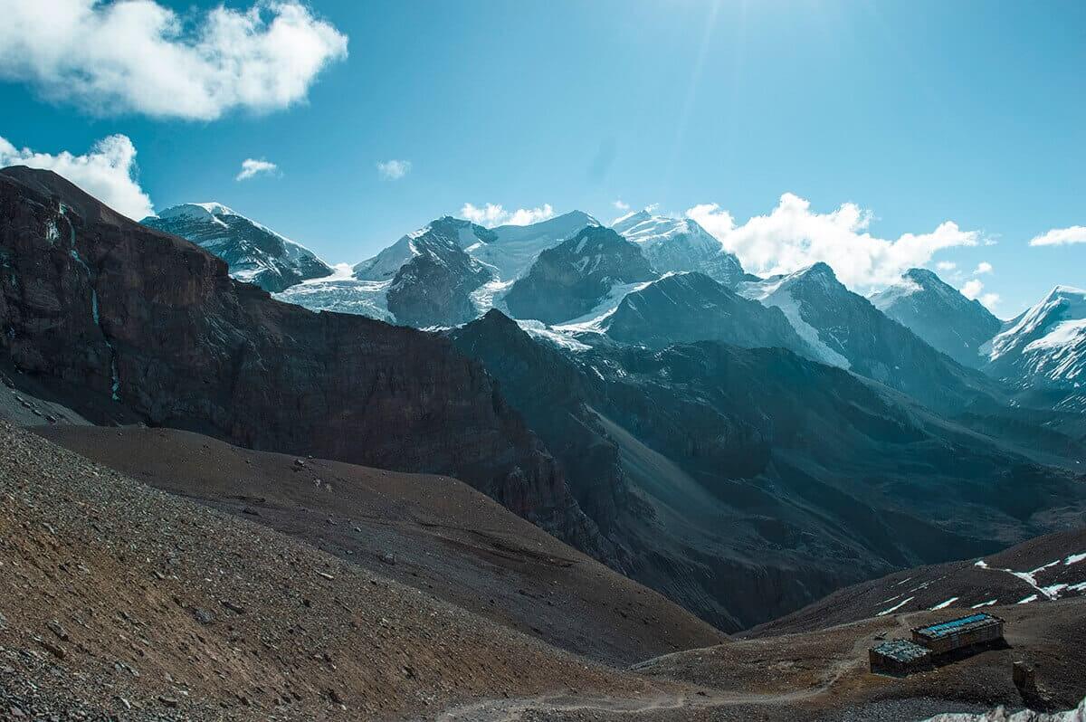 looking down high camp to muktinath over thorong la pass on the annapurna circuit