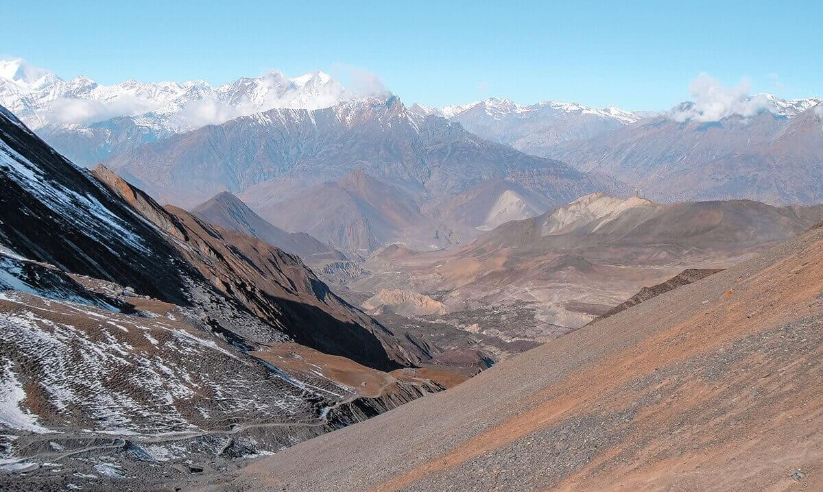 views down high camp to muktinath over thorong la pass on the annapurna circuit