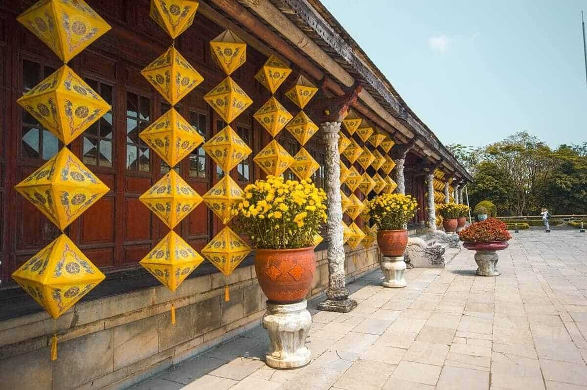 lantern decoration and yellow flowers at the imprial city of hue