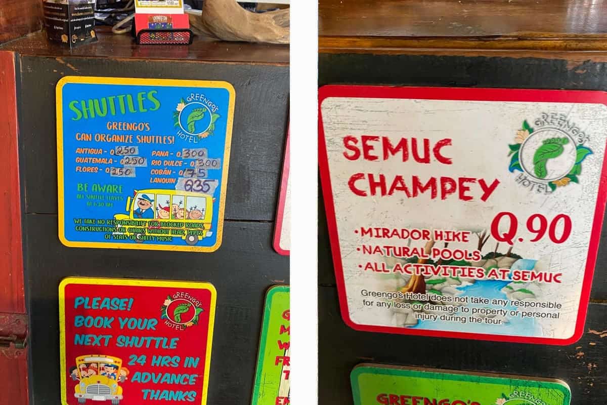 prices for shuttles and the semuc champey tour at greengos hostel