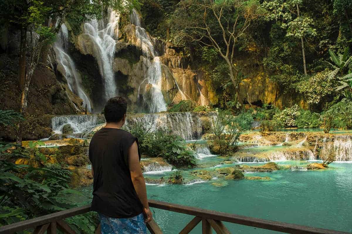 looking at the main waterfall at kuang si falls