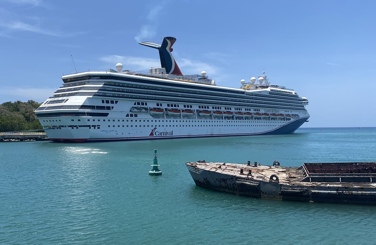 a carnival cruise ship at port was our first view after taking the ferry from la ceiba to roatan