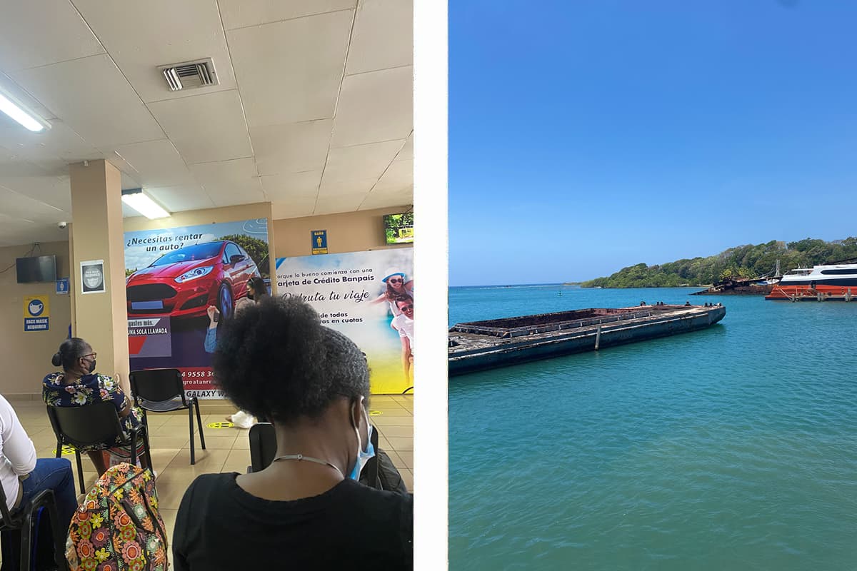 social distancing in the waiting room for the ferry from la ceiba to roatan // some of the views from the ferry terminal in roatan
