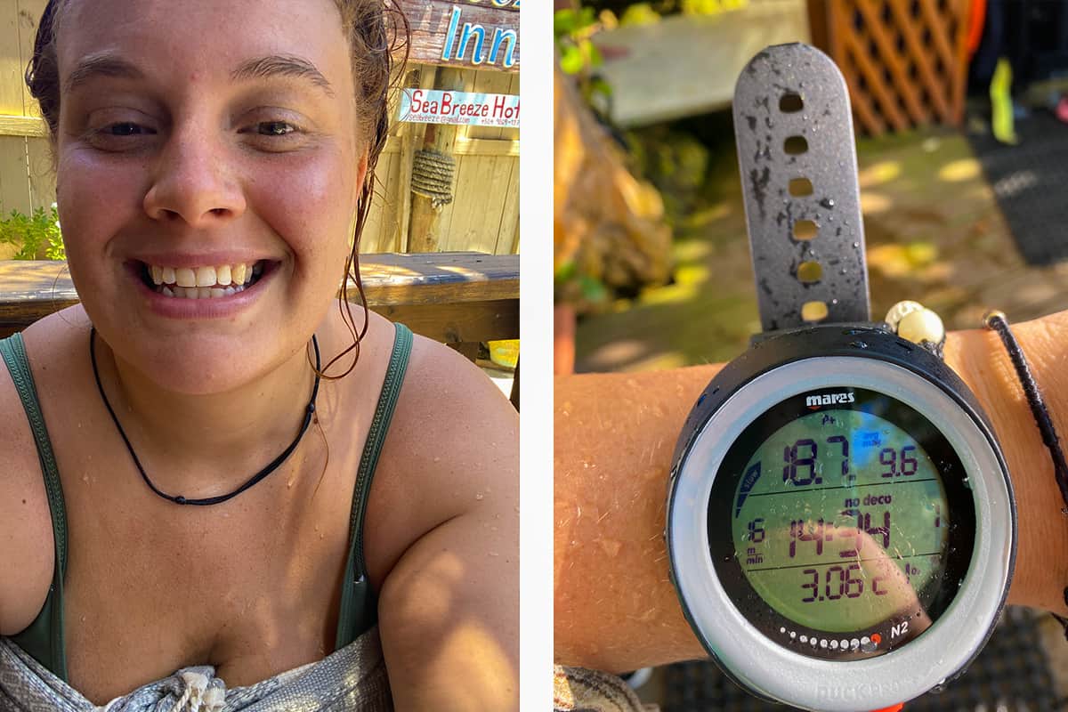 a happy selfie after a diving session // my dive computer after one of our fun dives after completing our open water in roatan