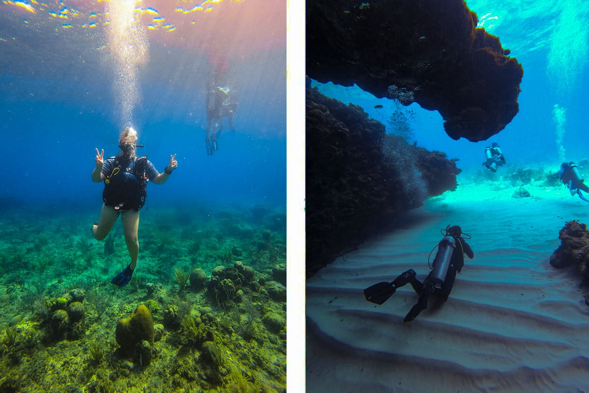 throwing a peace sign while waiting for the other divers to descend // exiting a small cave in roatan