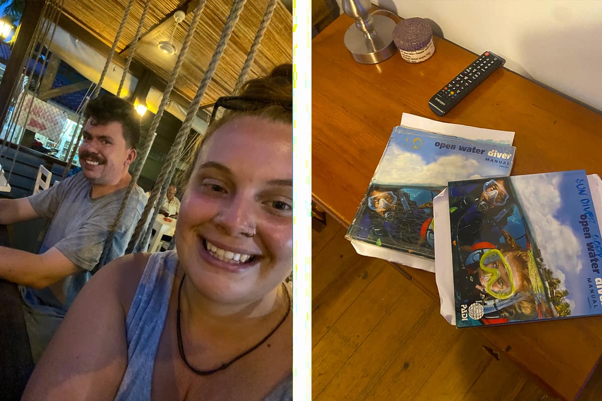 studying for our padi open water in our hotel room and in restaurants