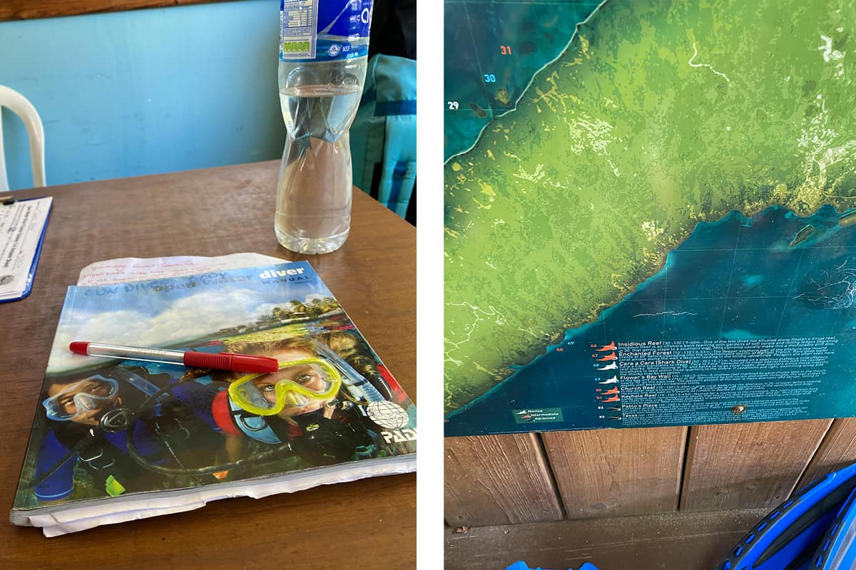 checking off our homework in the air conditioned class room // a map showing some of the dive sites around roatan