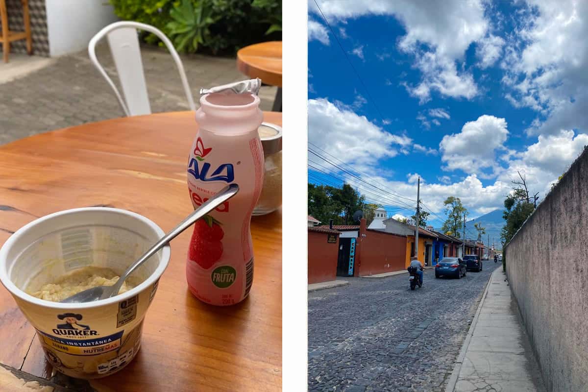 a typical day for me, starting with oats and a smoothie at my hostel, then walking to my Spanish school in antigua