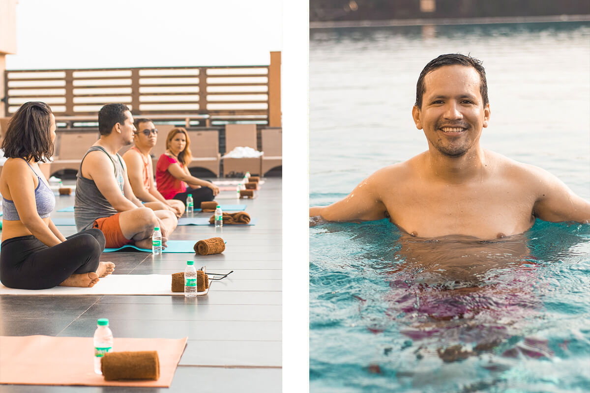 pilates by the pool side at the kochi marriott hotel in in kerala, india