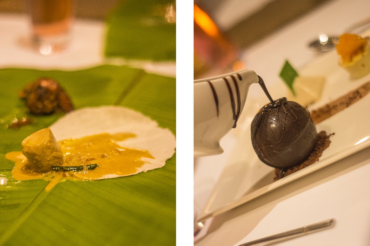 dinner at the kochi marriott hotel of banana leaf and chocolate sphere