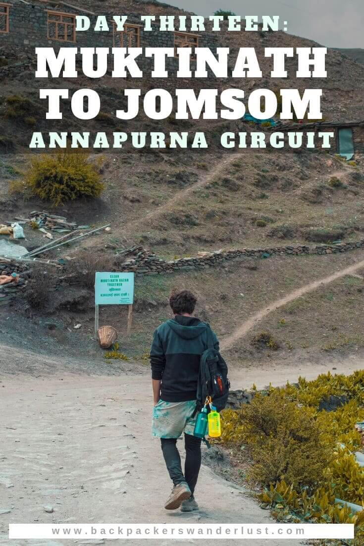 Traveling from Muktinath to Jomsom in Nepal on the Annapurna Circuit. Today will take us from Muktinath to Jomsom on the bus, passing through Kagbeni and Eklebhatti. The total journey from Muktinath to Jomsom consists of taking the bus 23 kilometers over 1 hour and an elevation decrease of 1080 meters.