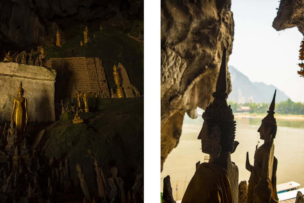 buddhas in pak ou caves looking out to the mekong