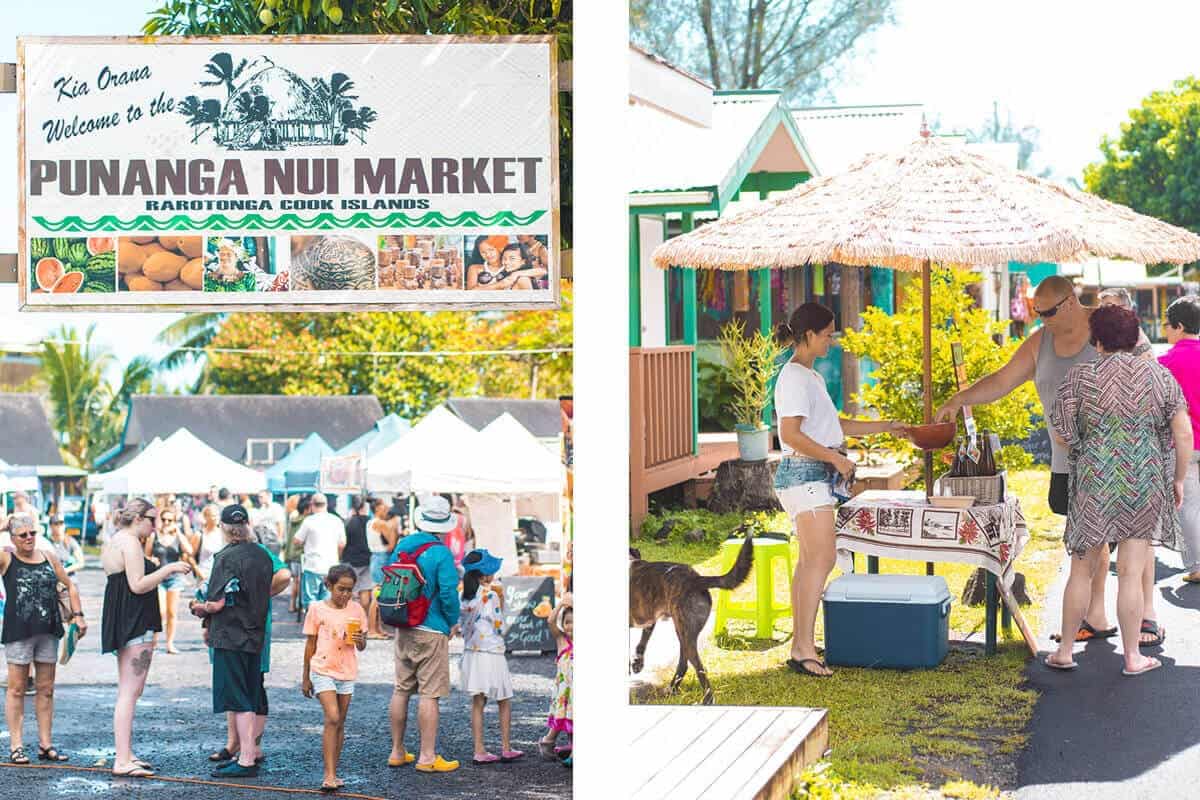 the sun shining on the punanga nui market in rarotonga