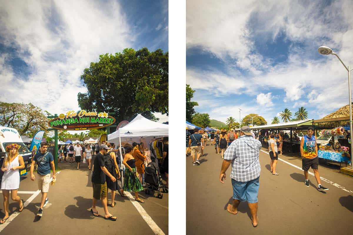 crowds walking around the punanga nui market