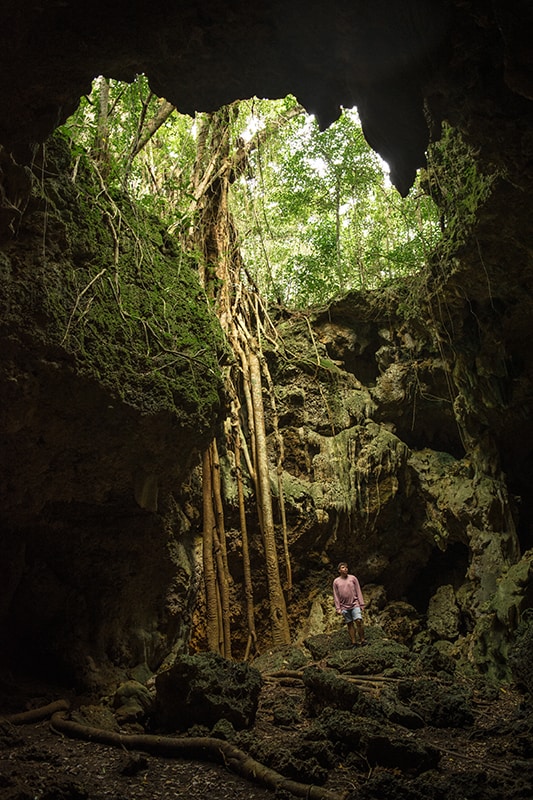 Queen Hortense's Cave In The Isle Of Pines: BEST Tips 2025 13 A man standing in Queen Hortense's Cave with a tree growing out of it.