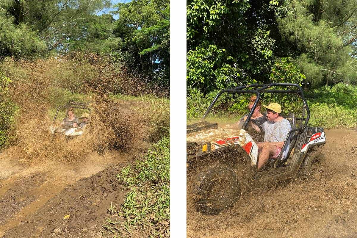 going through mud puddles with raro buggy tours